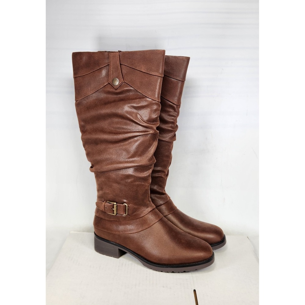 Bjorndal Emmett Boots Women Size 8 Brown Slouchy Tall Riding Buckle Block Heel